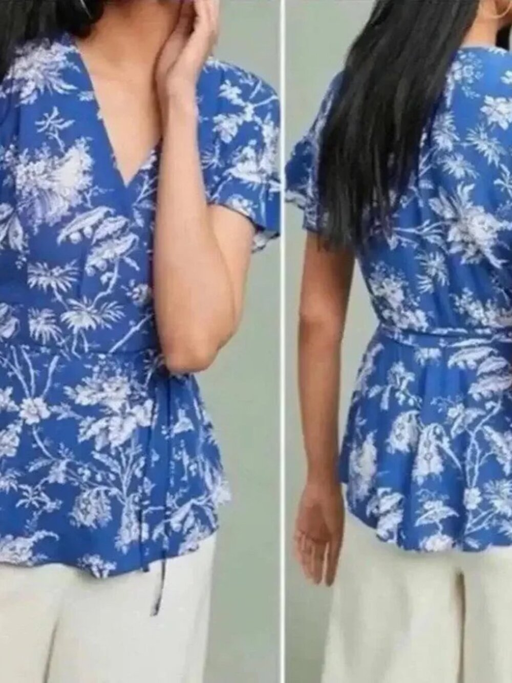 Maeve By Anthropologie Clarita Top Womens 4 Blue Floral Wrap Short Sleeve Belted